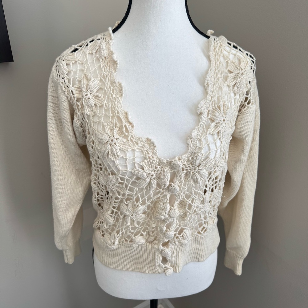OBR‎ Open Knit Crochet Floral Cardigan Ramie Cotton Ivory Boho M